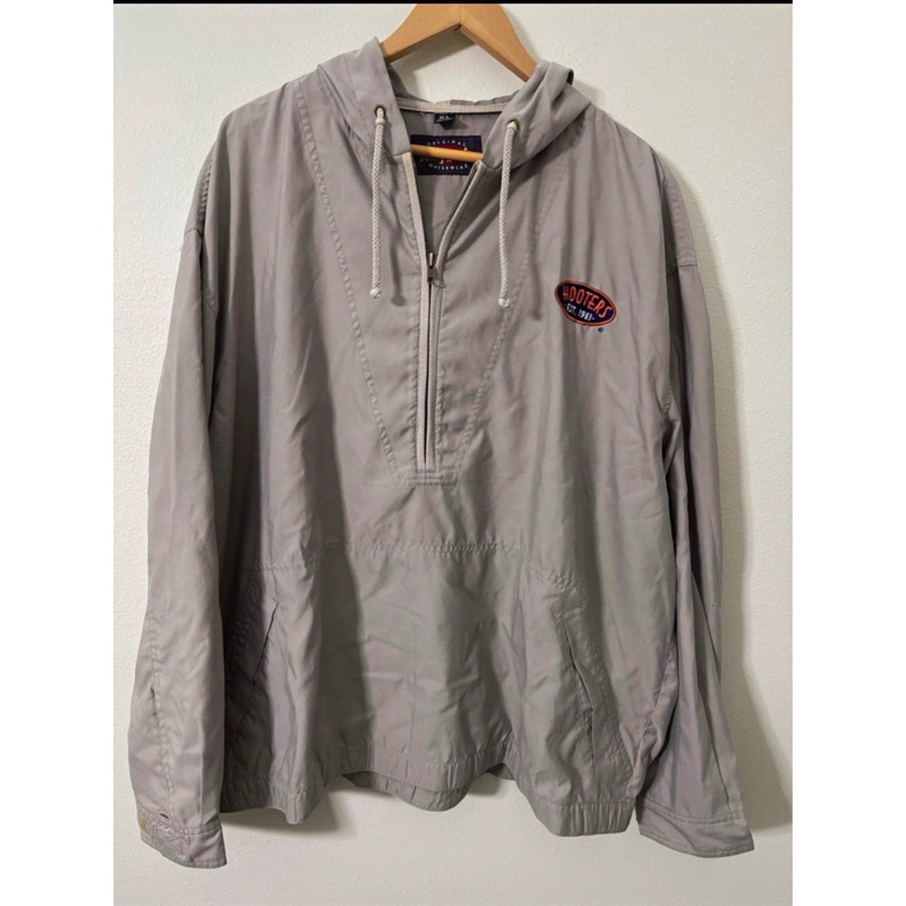 Hooters Mens Gray Anorak Jacket 1/4 Zip Hooded Logo Windbreaker Size XL